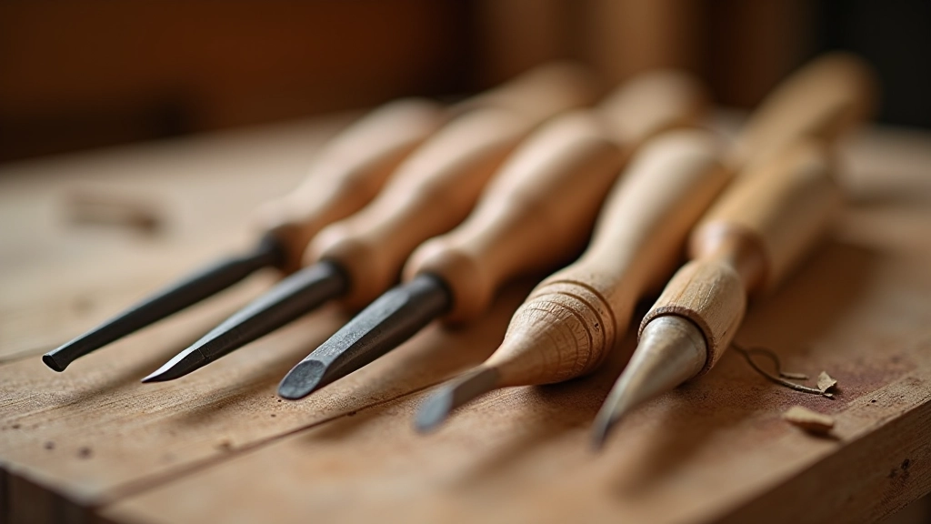 Lineup of different sized gouges showing varying widths and curve depths on a wooden surface