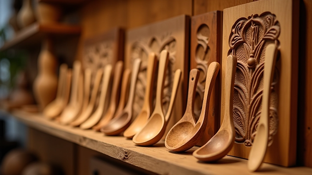 Finished woodcarved spoons and relief pieces displayed together showing progression and variety