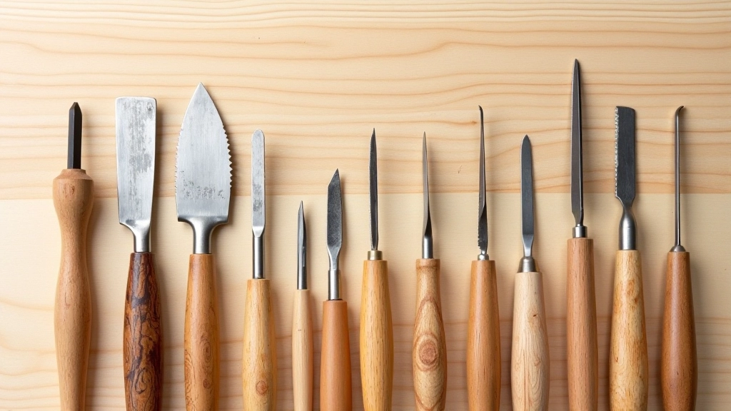 Collection of different carving tools arranged on a light wood surface