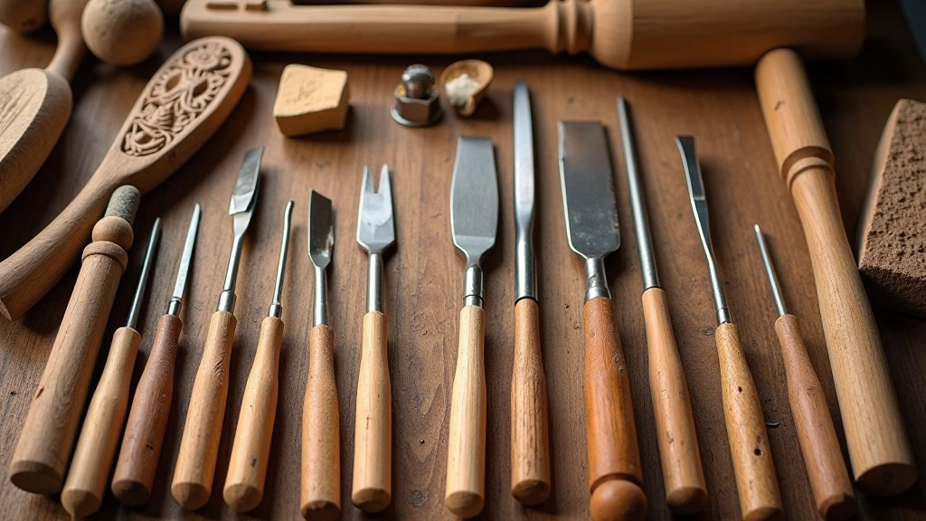 Selection of carving tools displayed on wooden surface including gouges, chisels, and mallets