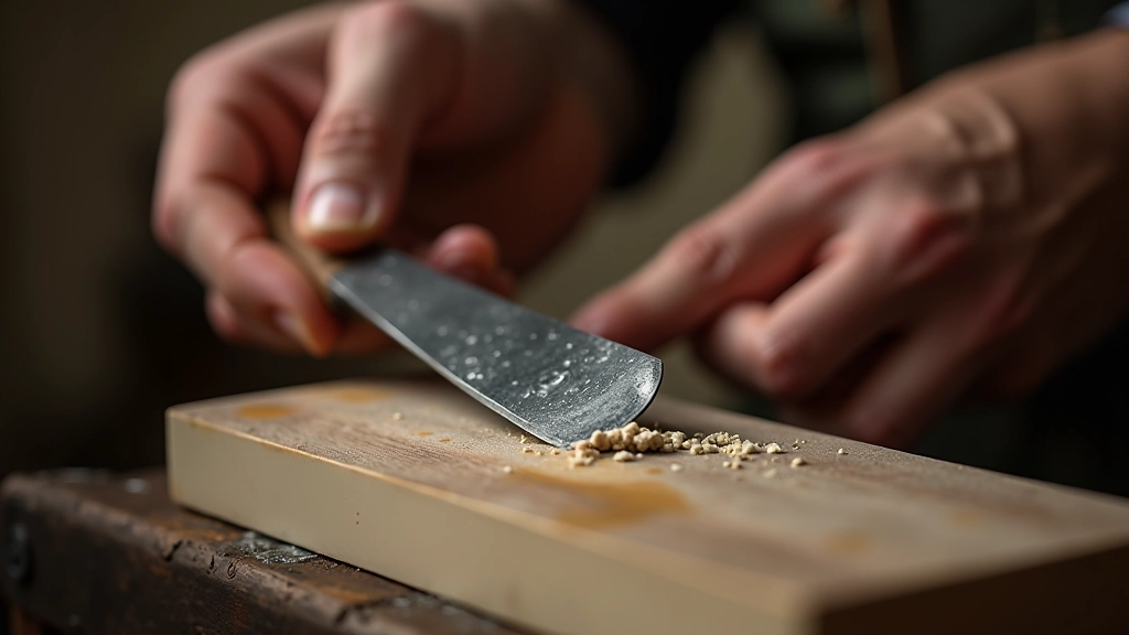 Carving tool being sharpened on a whetstone with water droplets visible