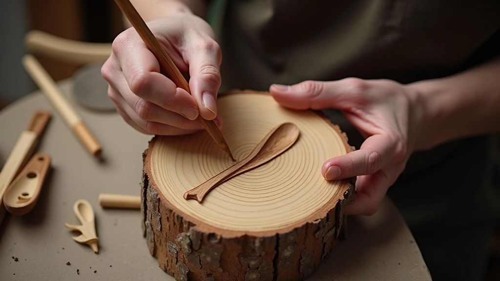 Close-up of woodcarver sketching spoon outline on a raw wood blank with pencil and ruler