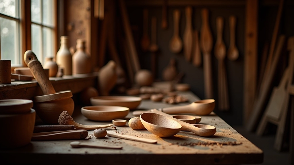 Person in workshop with carved wooden pieces and wood blocks at various stages of completion