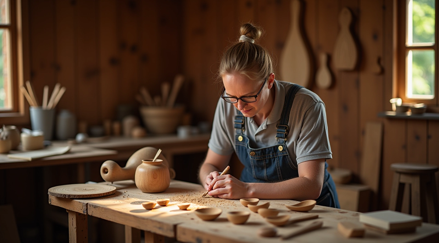 Traditional wooden spoon carving workshop with natural wood shavings and carved pieces