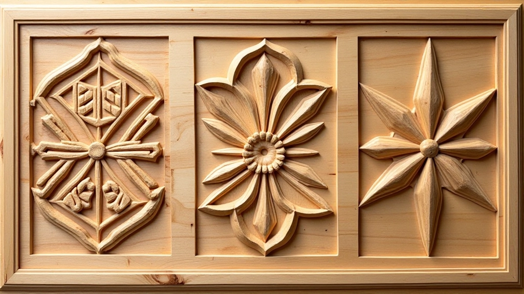 Wooden panel displaying three different Latvian carving pattern styles arranged side by side